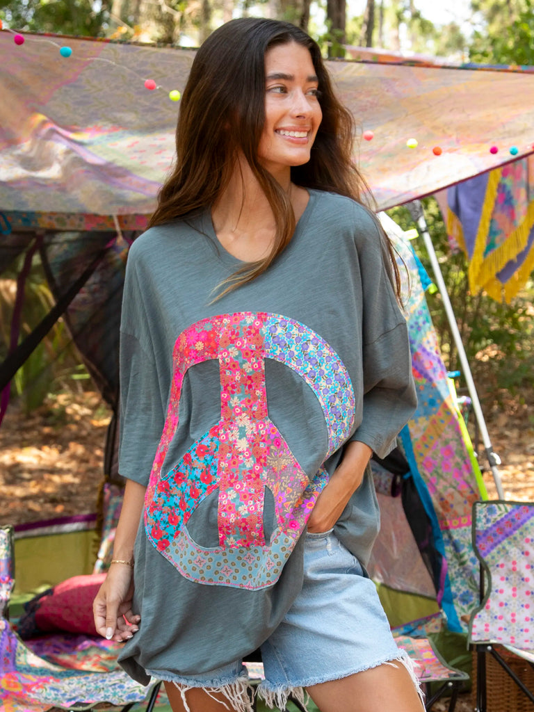 Oversized Applique Tee - Charcoal Peace Sign-view 1