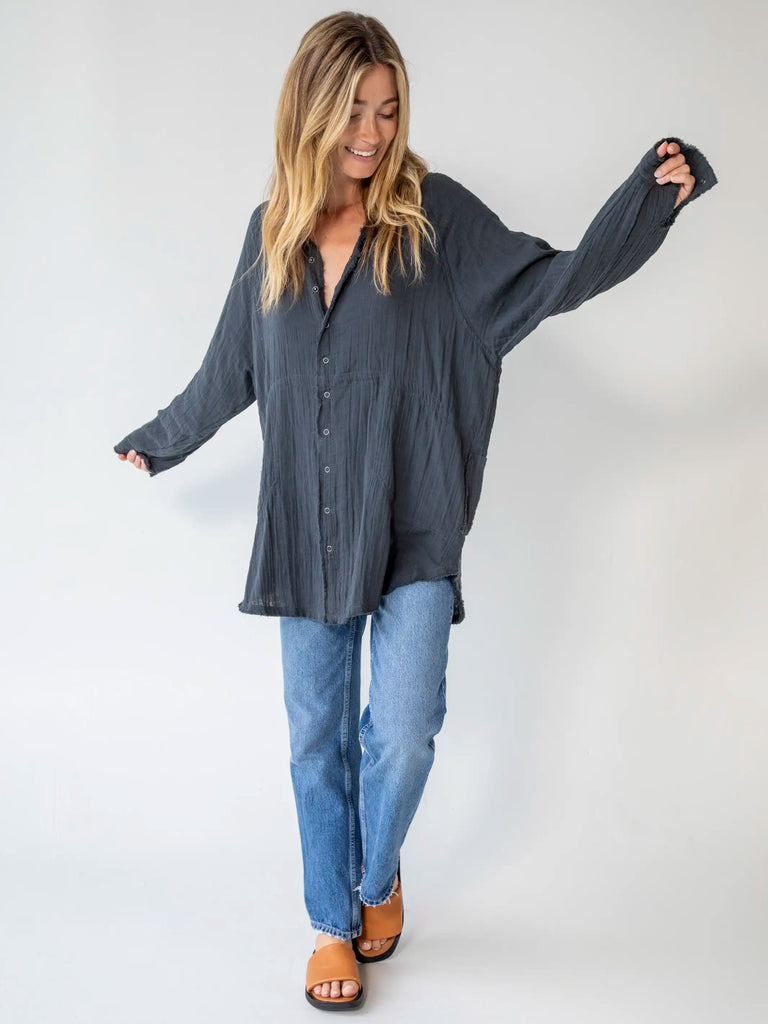 Laid Back Button Down Top - Charcoal-view 3