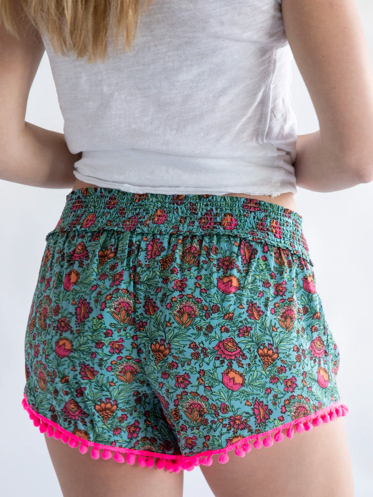Pom Pom Shorts - Turquoise Pink Floral-view 3