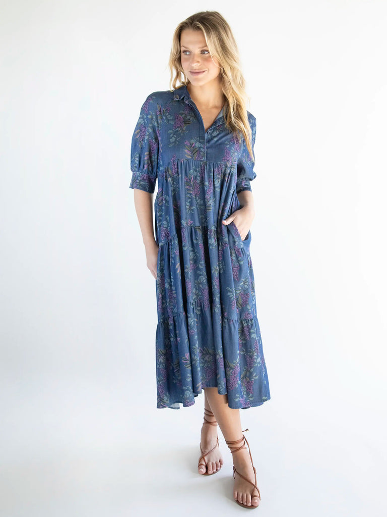 Chambray Rebecca Tiered Dress - Purple Wisteria Floral-view 1