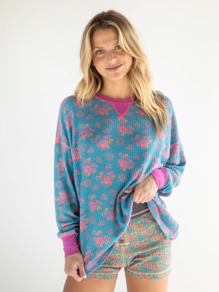 Mix & Match Thermal Pajama Top - Turquoise Pink Floral-view 1