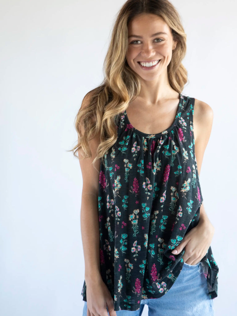 Free Spirit Knit Tank Top - Charcoal Pink Bouquets-view 2
