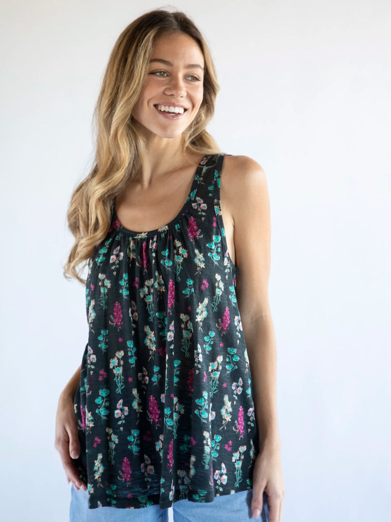 Free Spirit Knit Tank Top - Charcoal Pink Bouquets-view 3