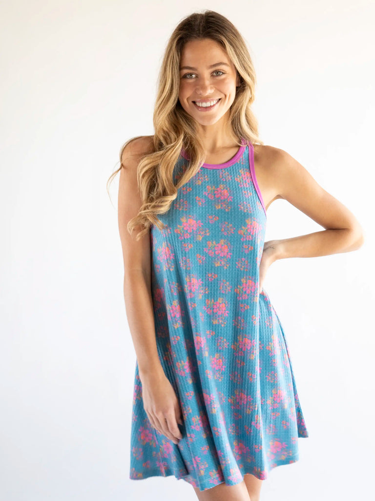 Mix & Match Waffle Nightgown - Turquoise Pink Floral-view 1
