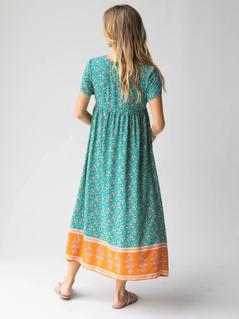 Avery Midi Dress - Turquoise Floral Border-view 3