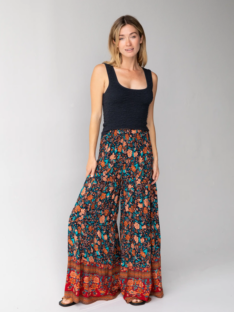 Patti Palazzo Pant|Navy Red Floral Border-view 1