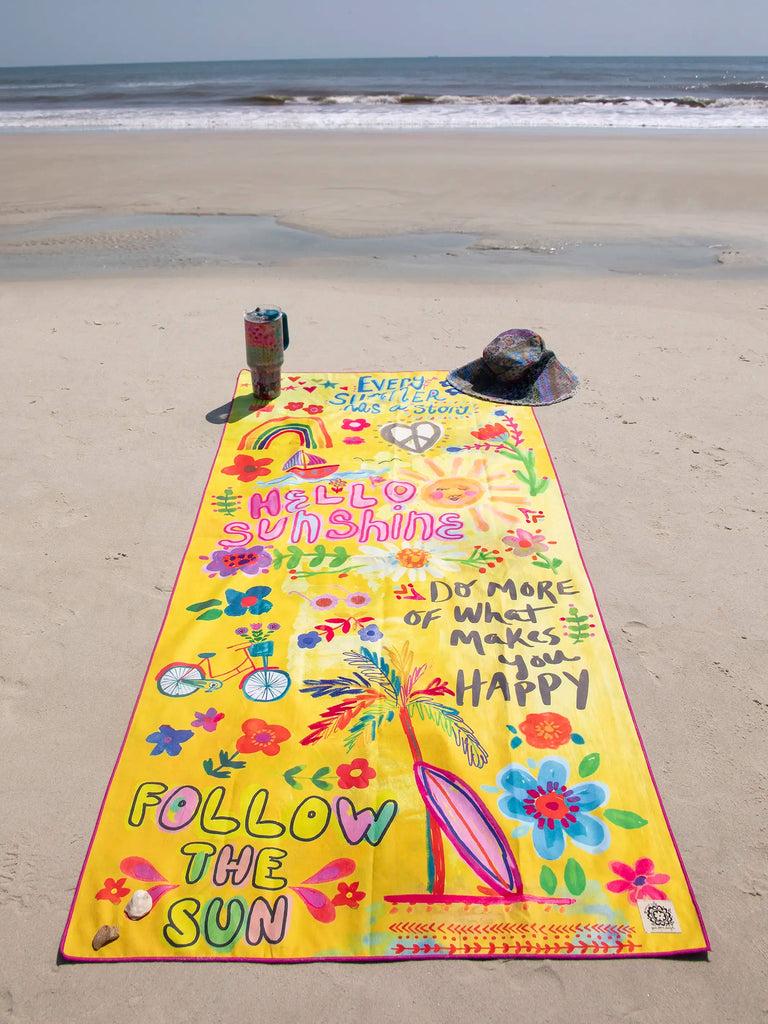 Double-Sided Microfiber Beach Towel - Yellow Hello Sunshine-view 1