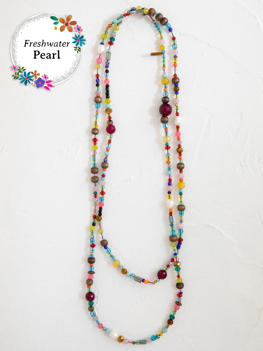 Boho Glass & Pearl Beaded Necklace - Multicolor