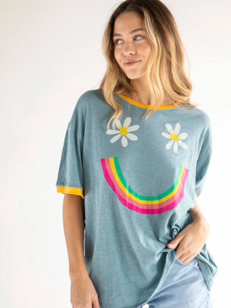 Ringer Oversized Tee Shirt - Dusty Blue Smiley-view 2