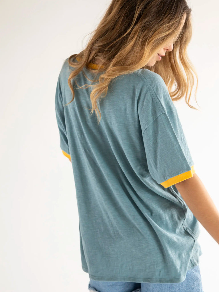Ringer Oversized Tee Shirt - Dusty Blue Smiley-view 3