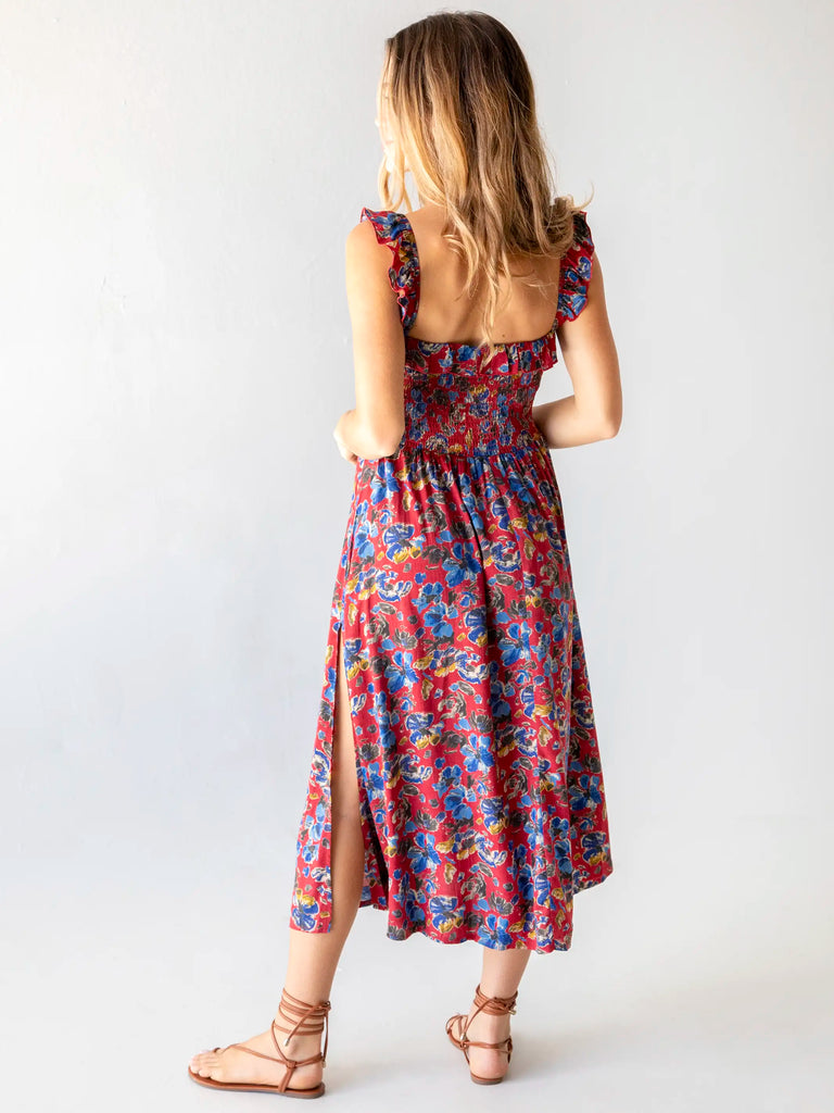Megan Smocked Midi Dress - Red Blue Floral-view 3