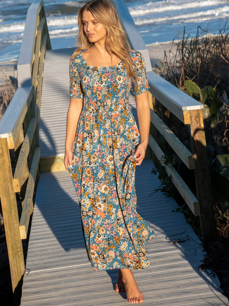 Daisy Tiered Maxi Dress - Blue Tan Floral-view 1