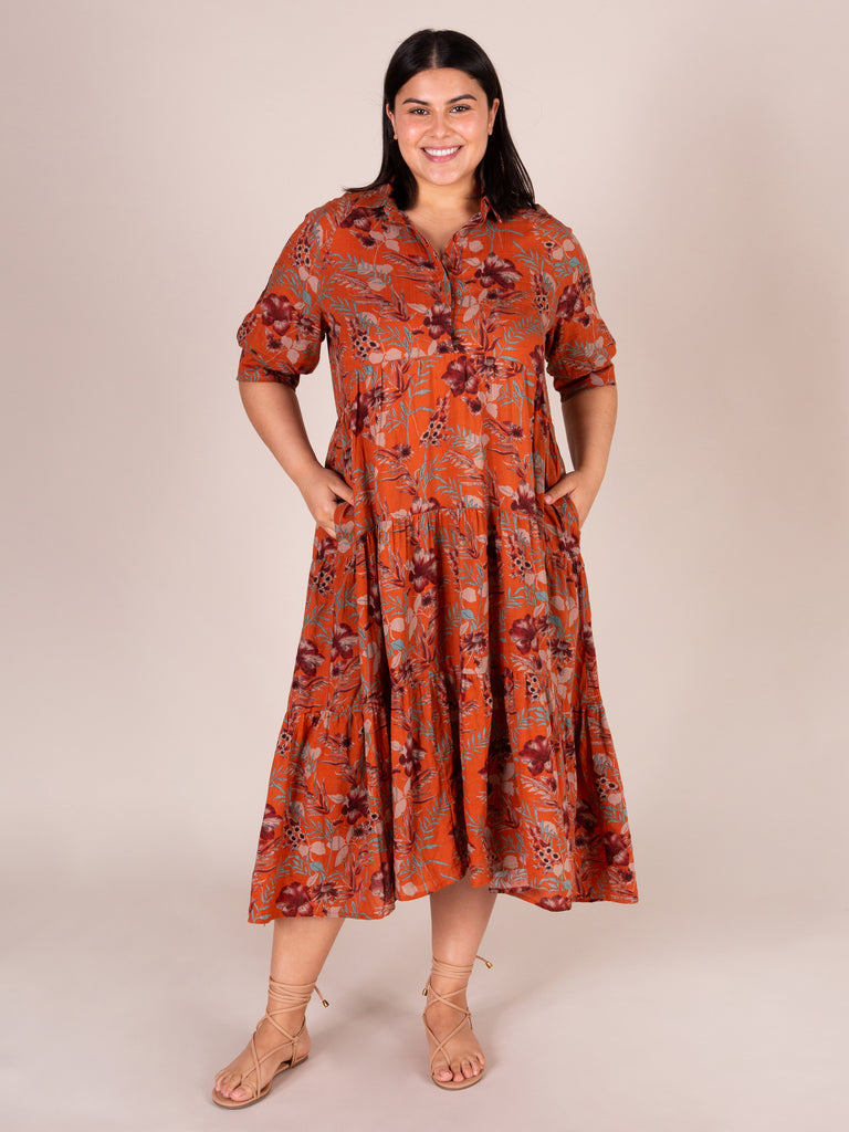 Cotton Rebecca Midi Dress - Orange Tropical Floral-view 5