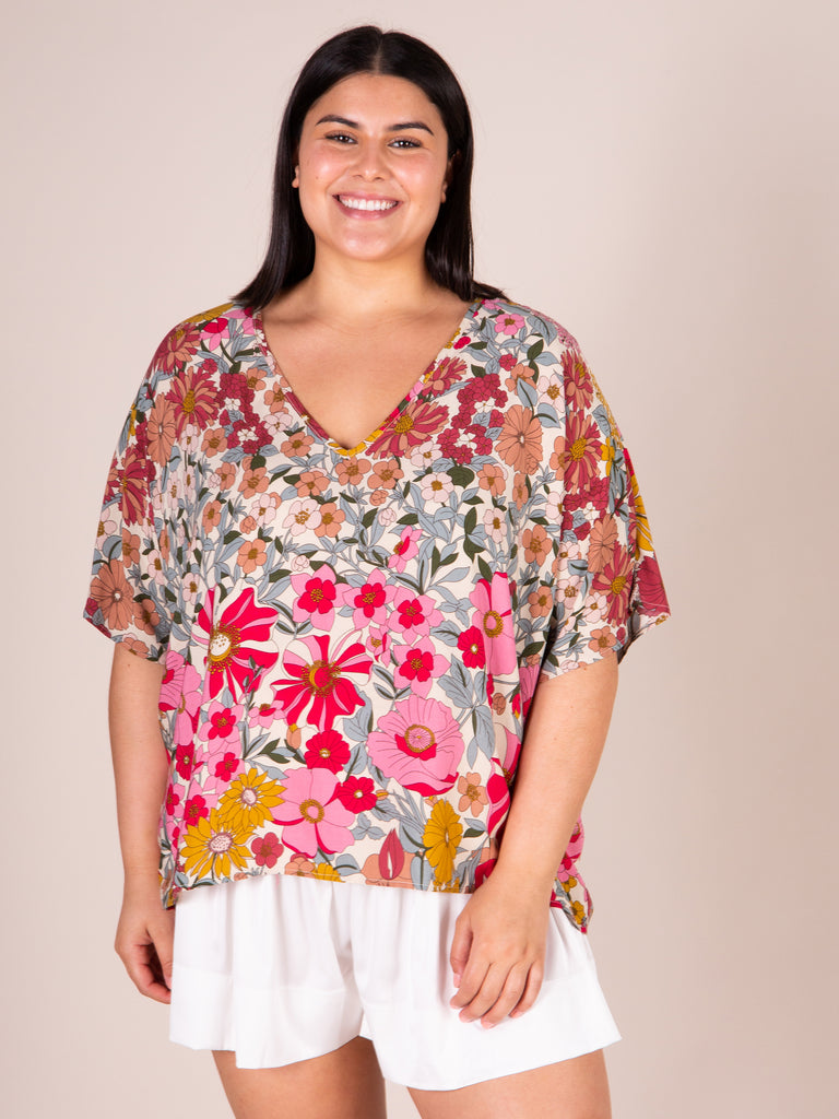 Easy V-Neck Top - Pink Mustard Floral-view 4