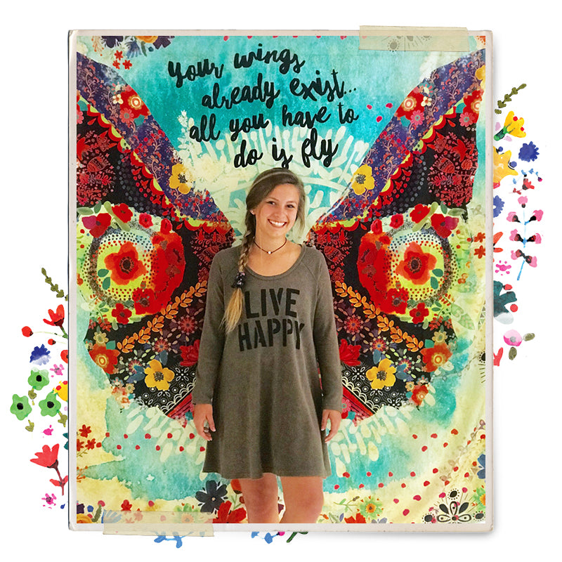 We love teachers so this makes the perfect gift! Cute girl in front of tapestry that says Your wings exist all you have to do is fly