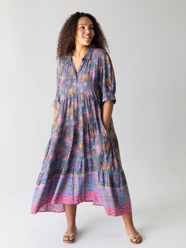 Rebecca Tiered Dress - Charcoal Blue Border-view 3