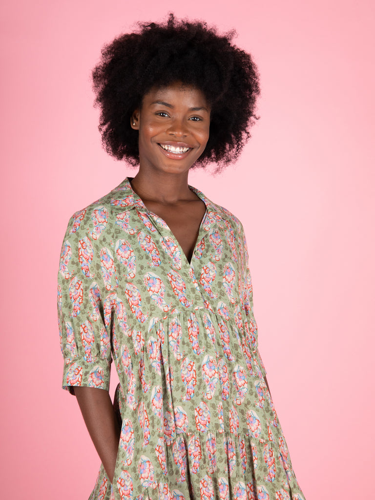 Rebecca Midi Dress Light Green Floral Border Natural Life