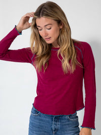 Lily Knit Cotton Long Sleeve Tee Shirt - Cranberry-view 1