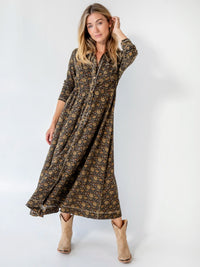Christa Cotton Midi Dress - Black Tan Daisies-view 1