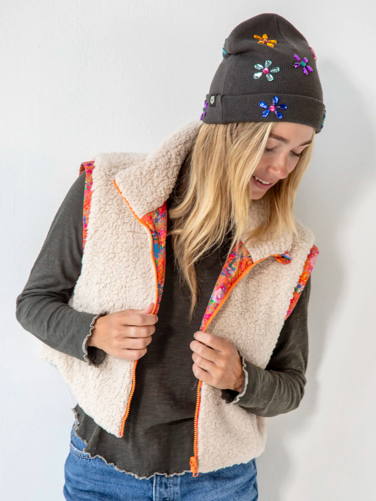 Reversible Sherpa Vest - Coral Ditsy Floral-view 2