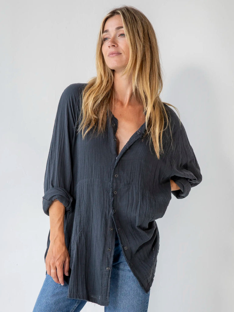Laid Back Button Down Top - Charcoal-view 1