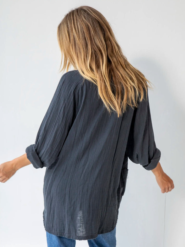Laid Back Button Down Top - Charcoal-view 2