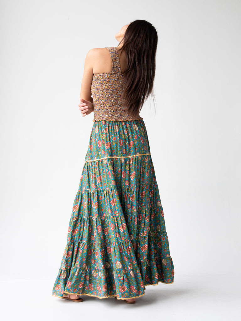 Gabi Tiered Maxi Skirt - Teal Red Floral-view 4