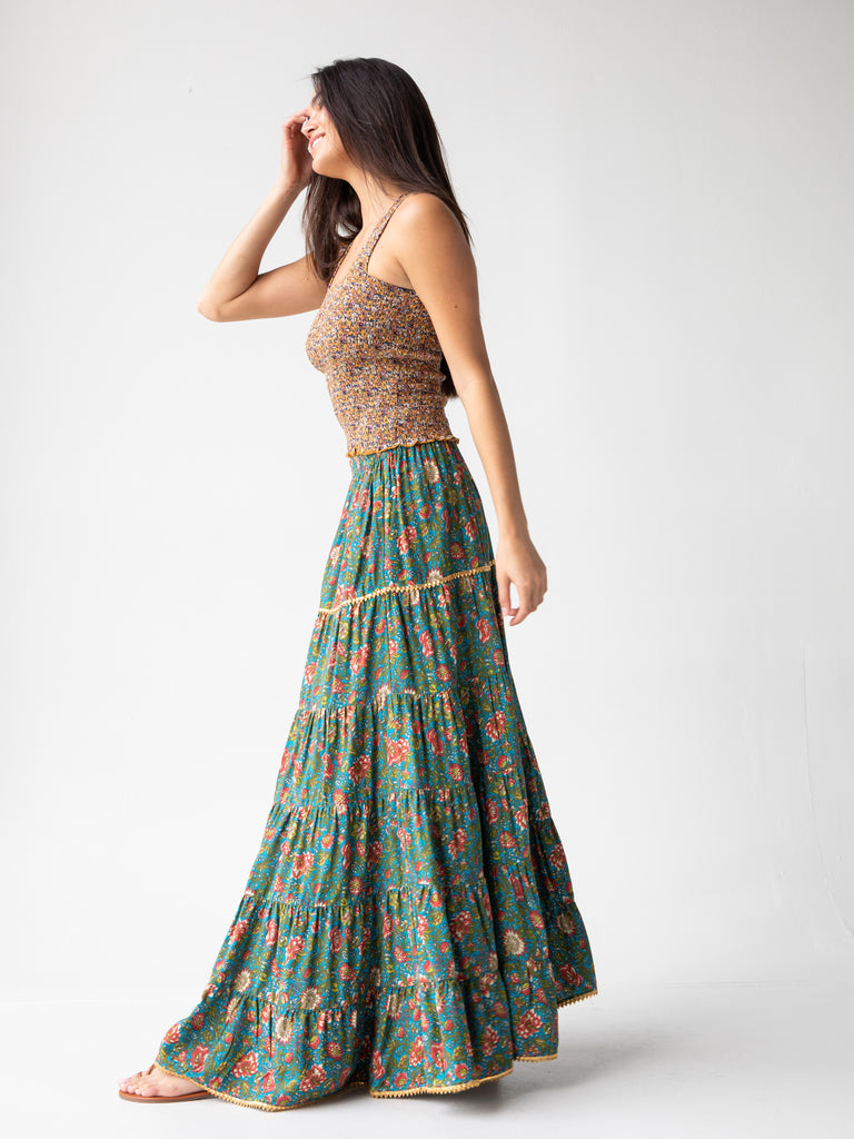 Gabi Tiered Maxi Skirt - Teal Red Floral-view 5