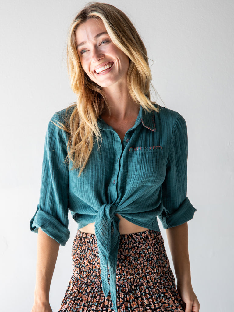Lola Tie Button Down - Teal-view 5