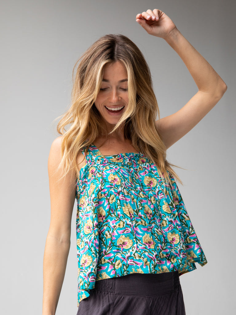 Kate Pleated Tank Top - Turquoise Floral-view 1