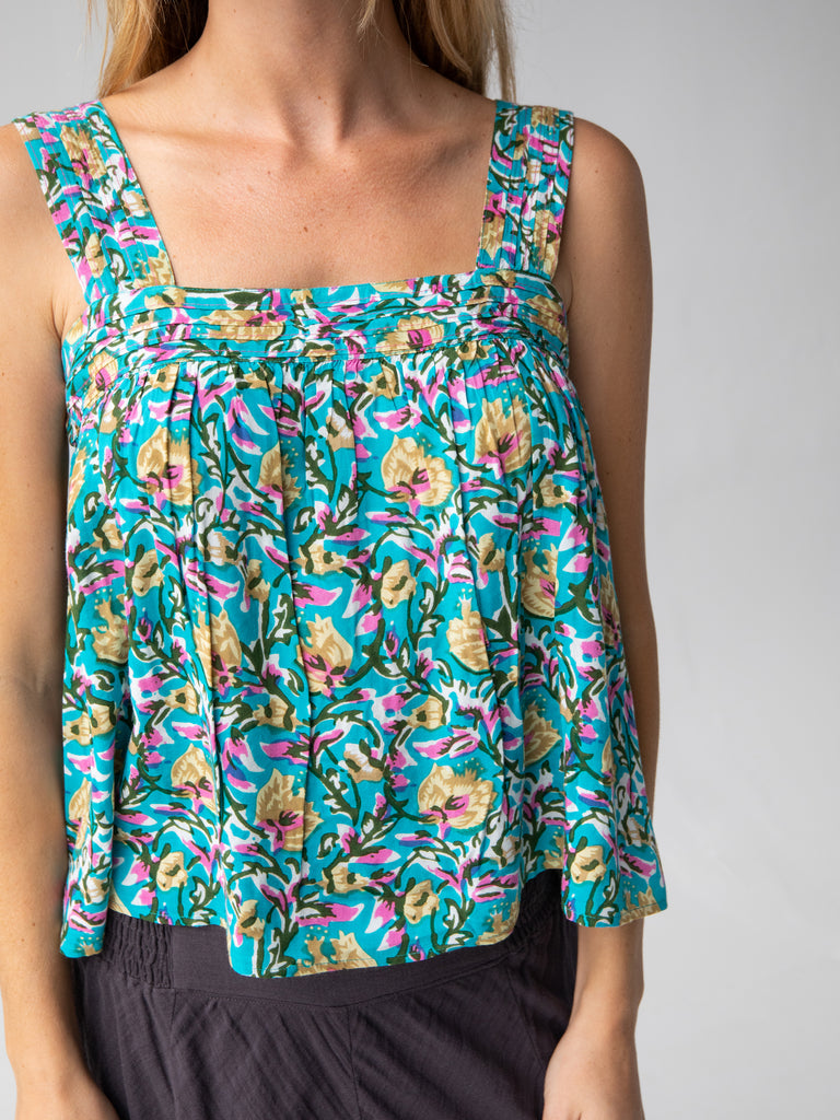 Kate Pleated Tank Top - Turquoise Floral-view 2