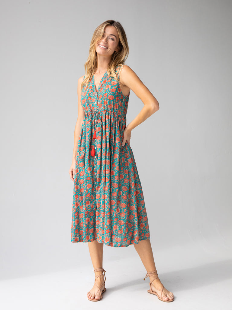 Amelia Sleeveless Shirt Dress - Turquoise Vines-view 1
