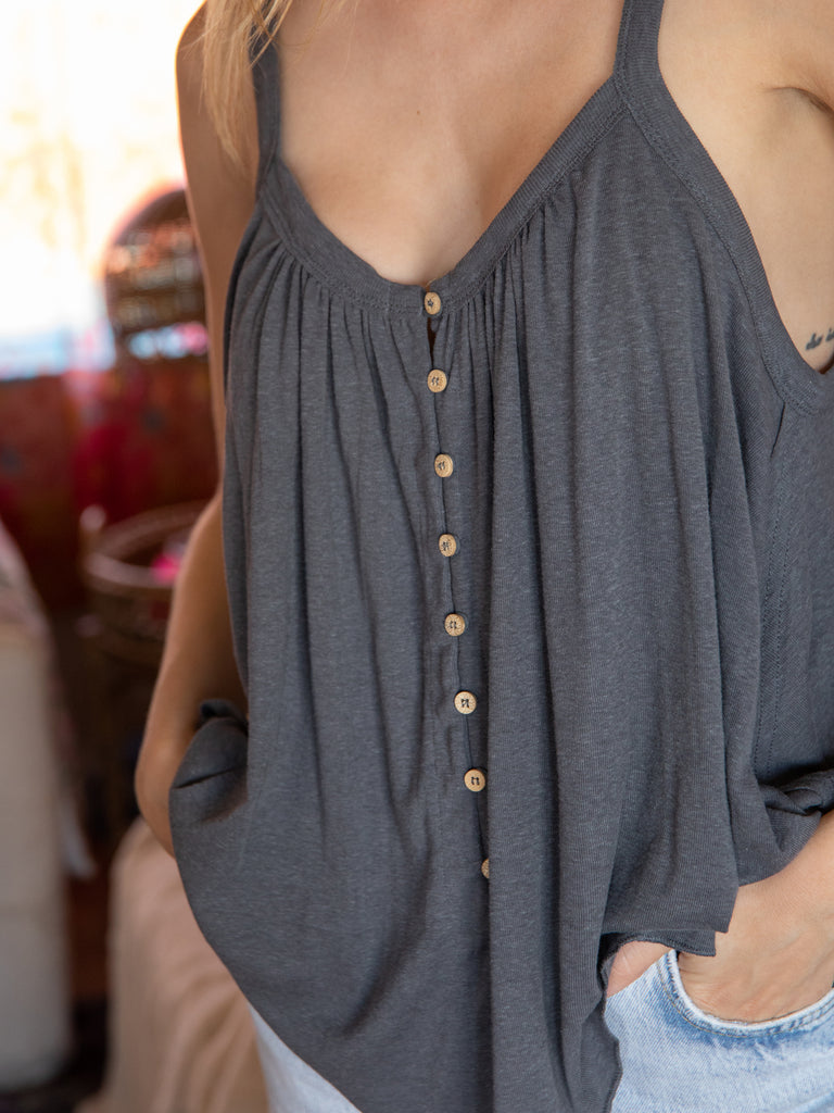 Relaxed Button Down Tank Top - Charcoal-view 3
