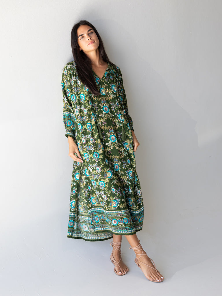 Dara Woven Maxi Dress - Olive Floral Border-view 4