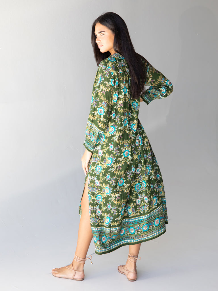 Dara Woven Maxi Dress - Olive Floral Border-view 5