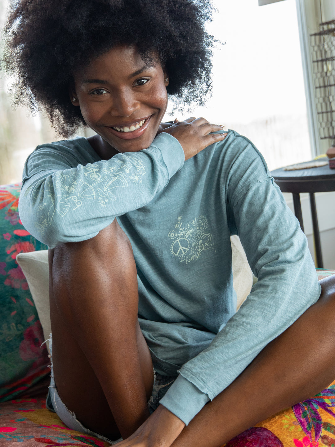 Oversized Cotton Doodle Tee - Light Blue