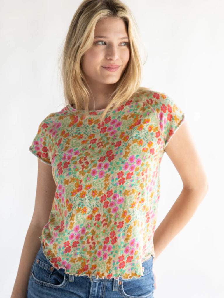Lily Printed Knit Tee Shirt - Mustard Coral Floral-view 5