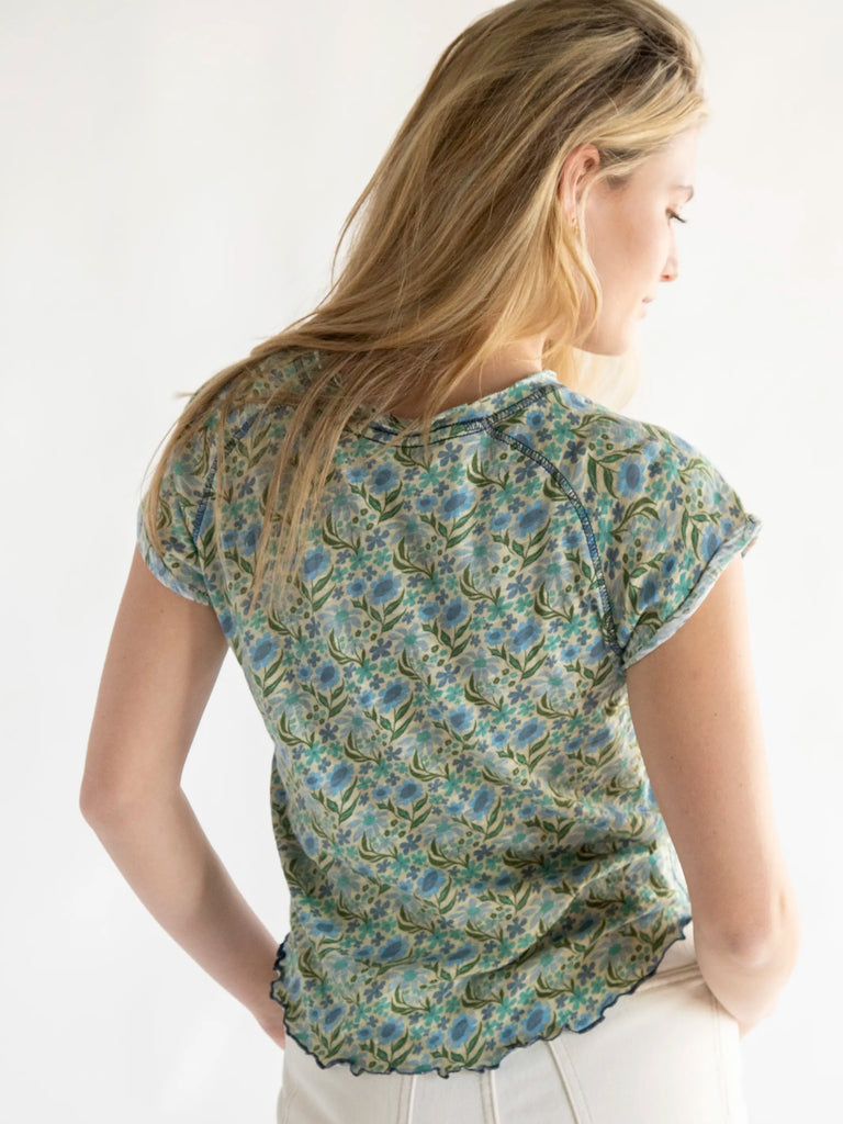 Lily Printed Knit Tee Shirt - Blue Floral-view 3