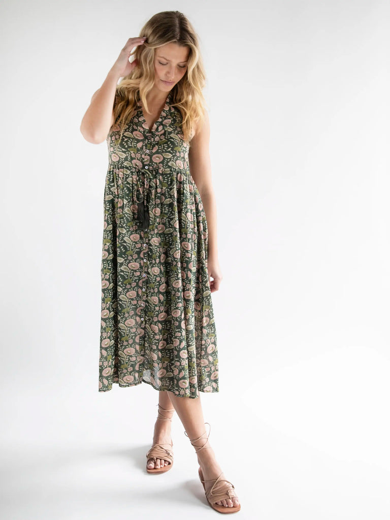 Amelia Sleeveless Shirt Dress - Green Floral Vines-view 3