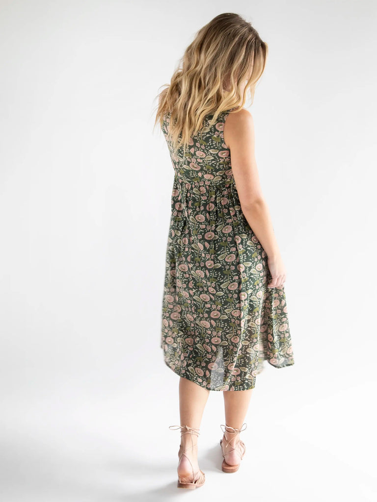 Amelia Sleeveless Shirt Dress - Green Floral Vines-view 4