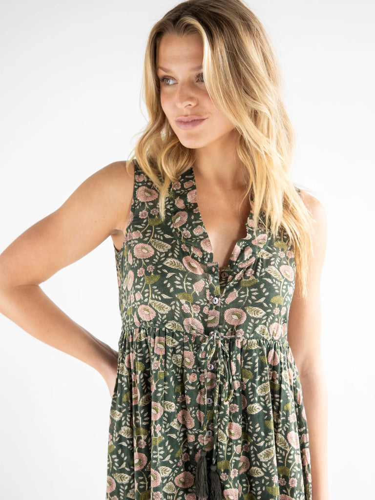 Amelia Sleeveless Shirt Dress - Green Floral Vines-view 2