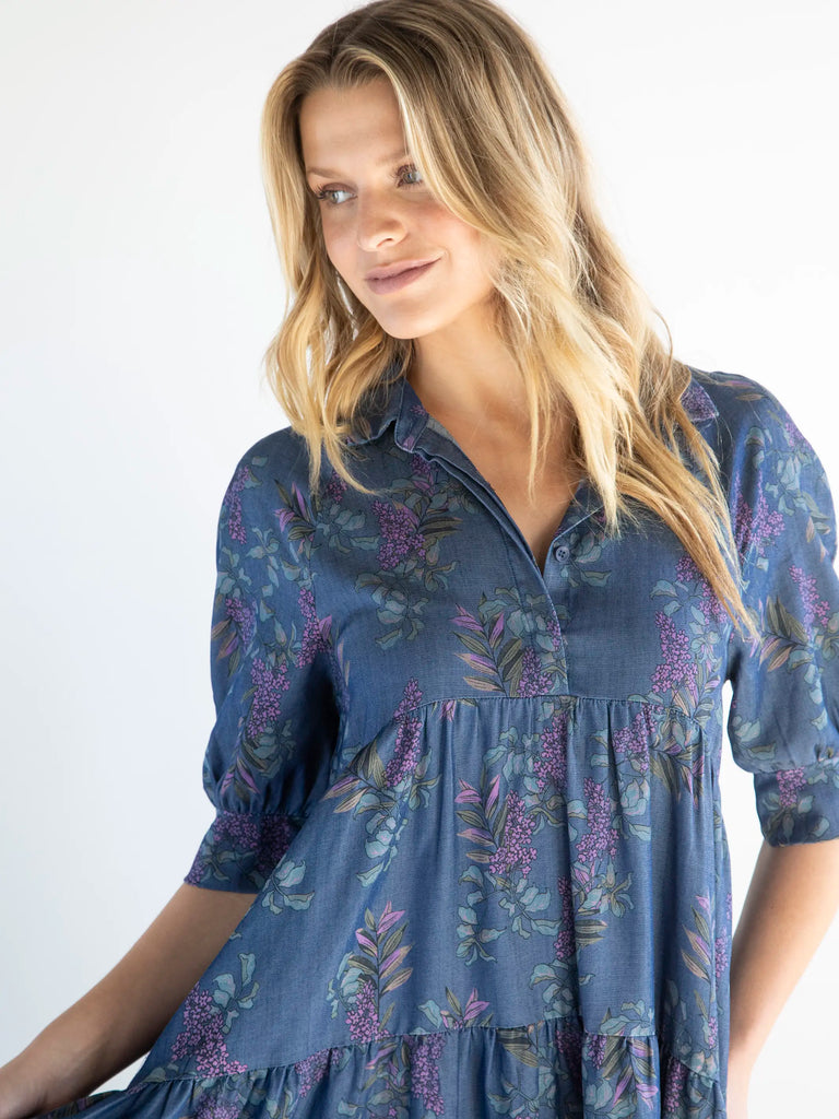 Chambray Rebecca Tiered Dress - Purple Wisteria Floral-view 3