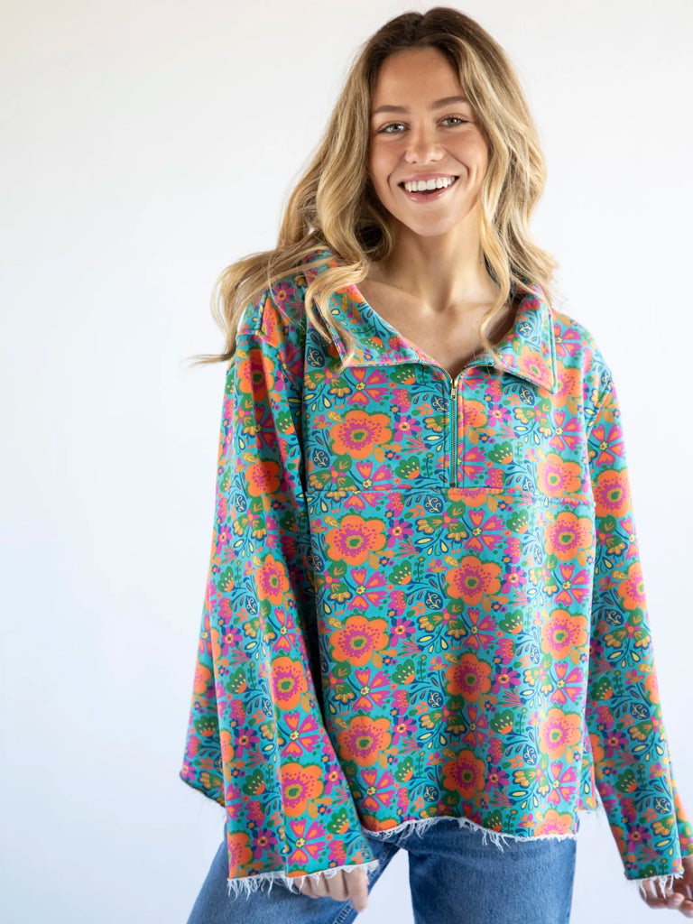 Easy Does It Printed Sweatshirt - Doodle Floral Turquoise-view 1