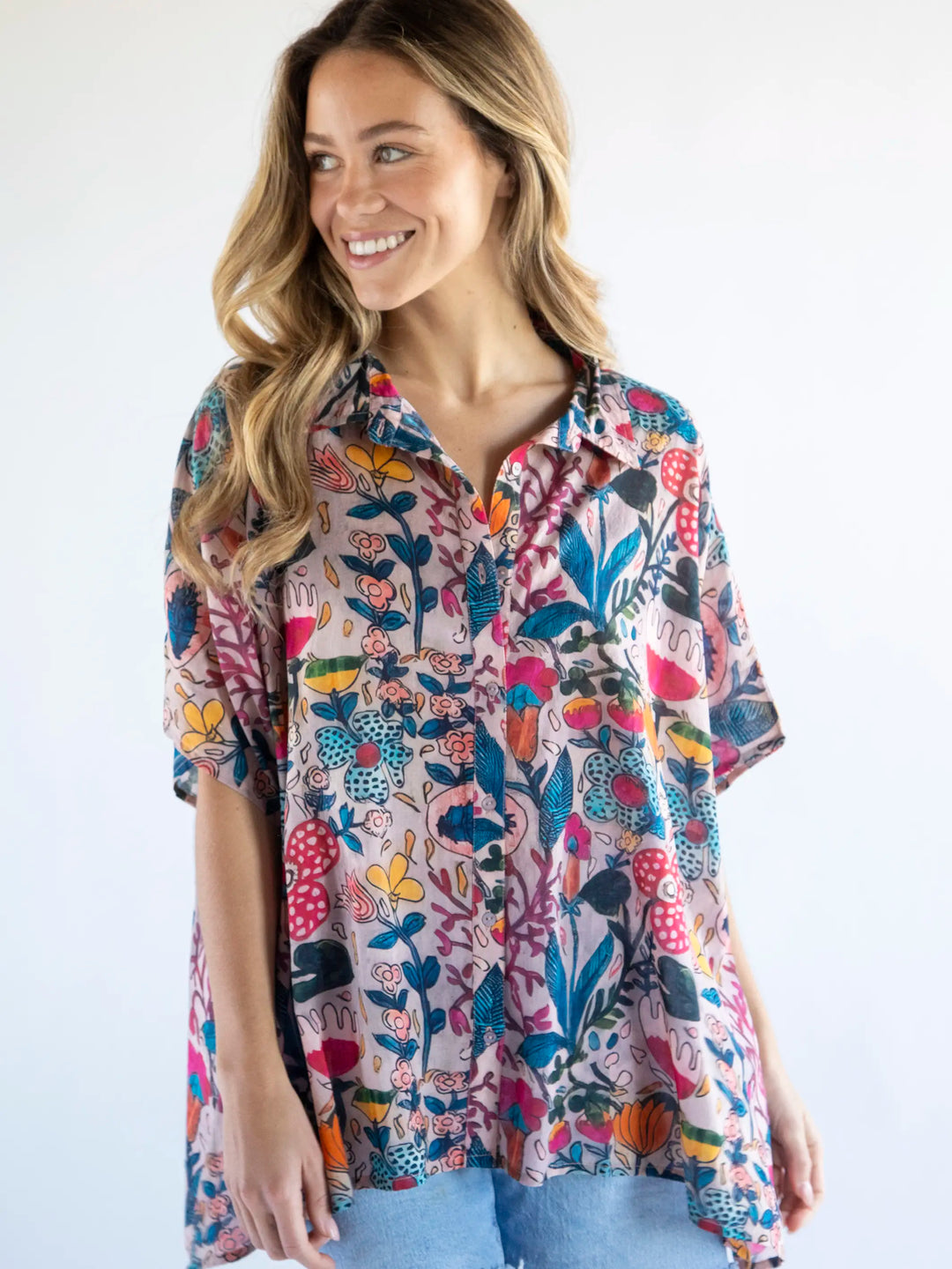 Kelly Oversized Cotton Button Down - Pink Flung Floral