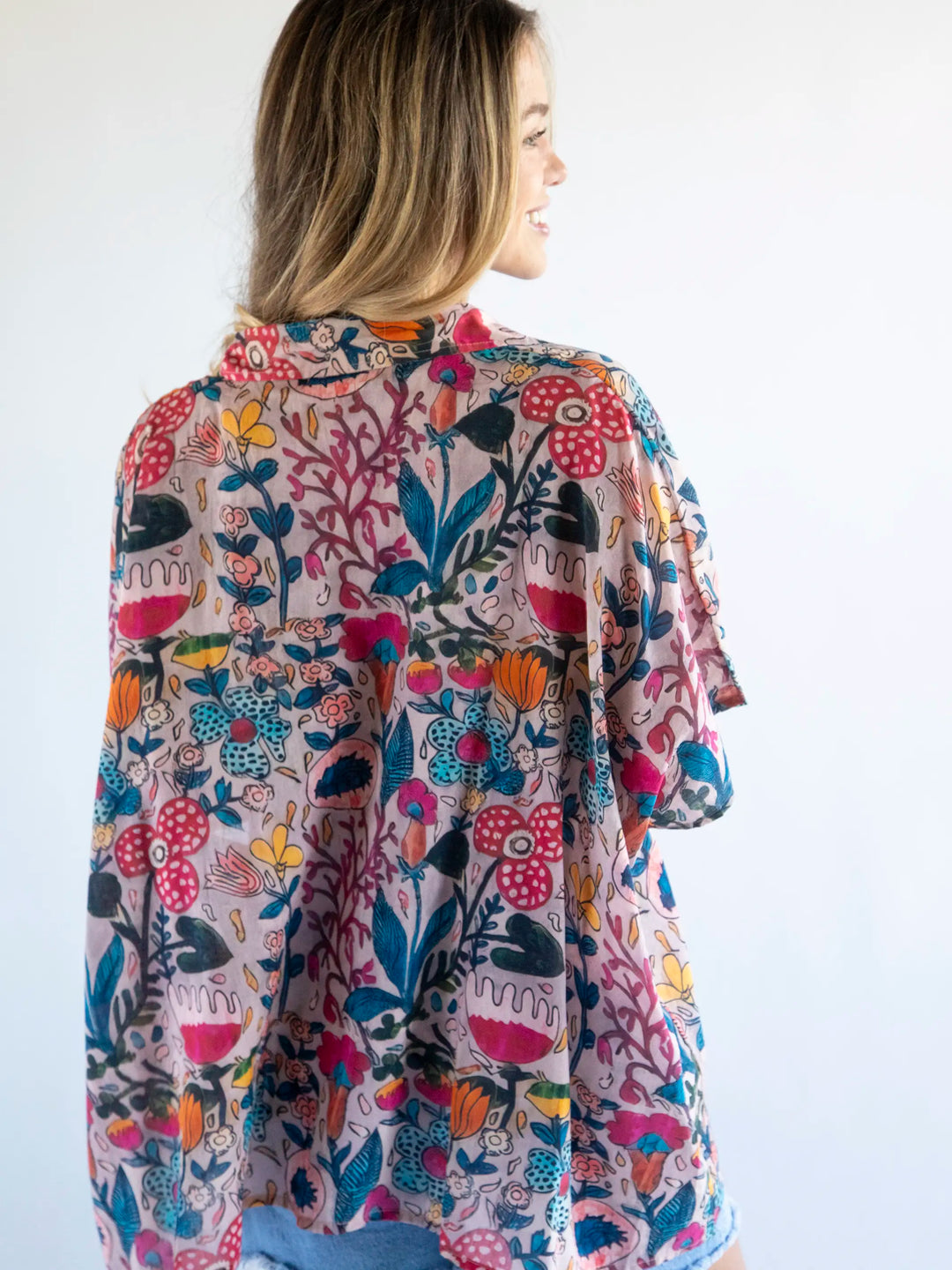 Kelly Oversized Cotton Button Down - Pink Flung Floral