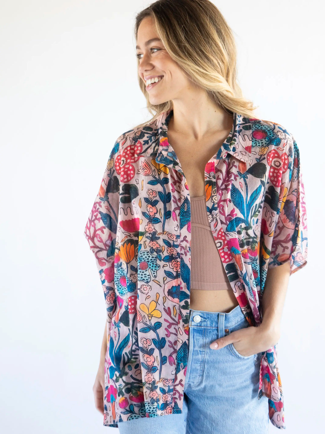 Kelly Oversized Cotton Button Down - Pink Flung Floral