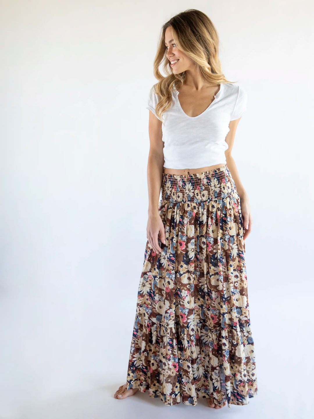 Flora Convertible Maxi Skirt Brown Navy Floral Cotton – Natural Life