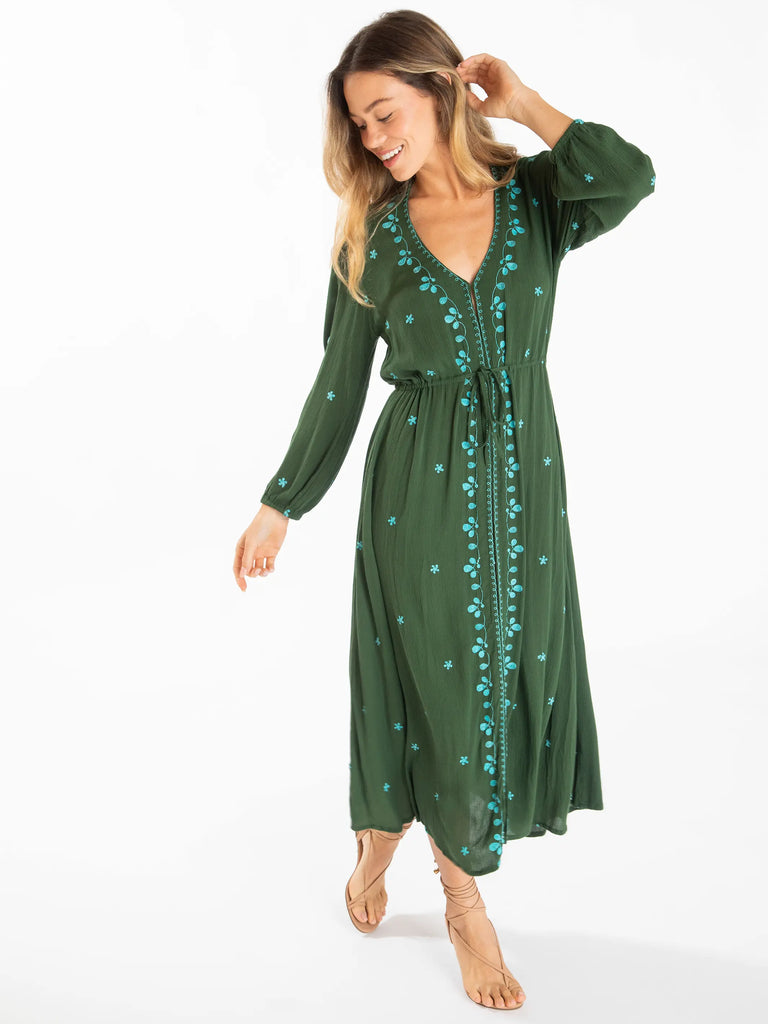 Brae Embroidered Midi Dress - Olive-view 1