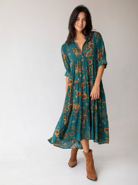 Rebecca Midi Dress - Teal Orange Clusters-view 1