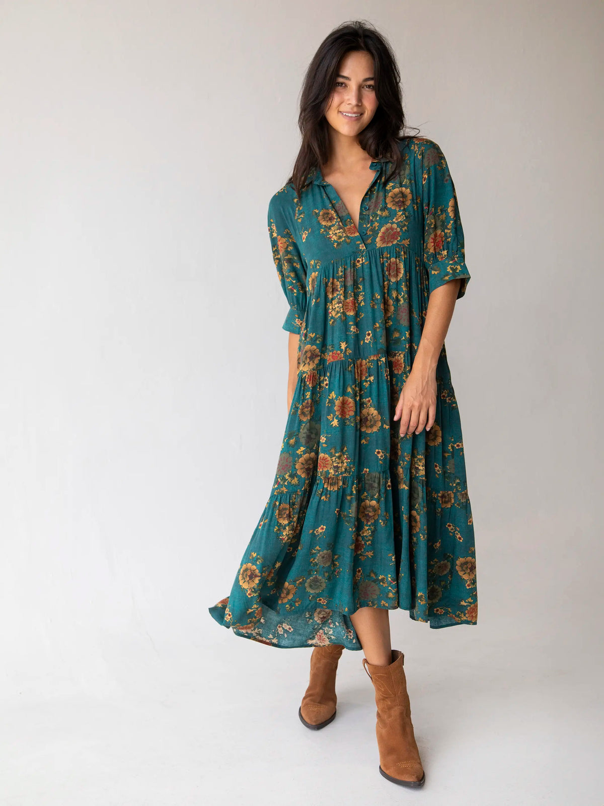 Rebecca Midi Dress - Teal Orange Clusters – Natural Life